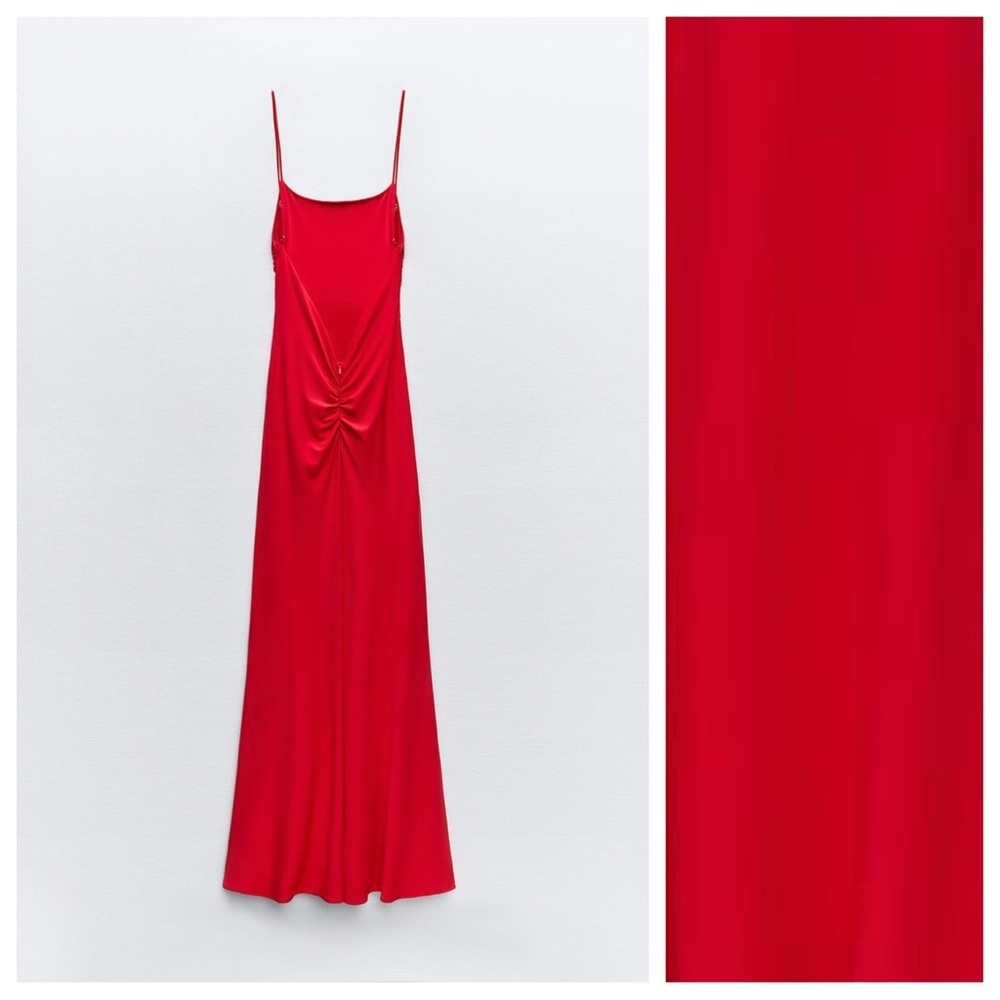 NWT. Zara Intense Red Draped Lingerie-Style Midi Dress. Size S. - Picture 6 of 14